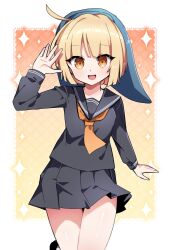 1girl ahoge avadahoi avalona black_serafuku black_skirt blonde_hair blue_hood highres long_sleeves looking_at_viewer neckerchief open_mouth pleated_skirt randal&#039;s_friends red_neckerchief school_uniform serafuku short_hair skirt smile solo waving yellow_eyes