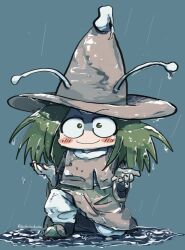 1other amanomori_shou androgynous antennae aodo_mikan blue_background blush_stickers brown_hat brown_shoes brown_skirt brown_sleeves brown_vest closed_mouth commentary_request detached_sleeves full_body green_eyes green_hair happy hat highres japanese_clothes len&#039;en long_hair long_sleeves looking_at_viewer medium_skirt messy_hair on_one_knee other_focus pants pants_under_skirt pointy_footwear puddle rain shaded_face shirt shoes simple_background skirt smile solo turtleneck turtleneck_shirt twitter_username vest wet white_pants white_shirt wide-eyed wide_sleeves