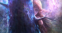 00 1girl elf fantasy female_focus floating_hair hiding highres long_hair looking_at_viewer original peeking_out pointy_ears solo tree