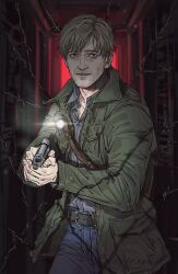 Rule 34 | 1boy, absurdres, bags under eyes, barbed wire, beretta 92, bloober team, blue pants, coat, collared shirt, green coat, grey shirt, gun, hallway, handgun, highres, holding, holding gun, holding weapon, james sunderland, konami, looking at viewer, male focus, nyeigneous, pants, parted lips, remake, shirt, short hair, silent hill (series), silent hill 2, silent hill 2 (remake), solo, weapon