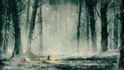 3others black_cloak blood cloak corpse dsittaro forest frozen highres holding holding_torch monster multiple_others nature original river snowing torch