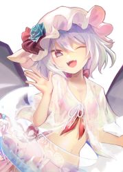 1girl ;d alternate_eye_color bat_wings bikini blue_flower blue_rose commentary_request fangs female_focus flower front-tie_bikini_top front-tie_top hair_between_eyes hand_up hat hat_flower hat_ribbon head_tilt innertube looking_at_viewer mob_cap navel one_eye_closed open_mouth purple_eyes red_bikini red_ribbon remilia_scarlet ribbon rose sarong see-through_clothes shirt short_hair short_sleeves silver_hair simple_background smile solo stomach swim_ring swimsuit touhou upper_body white_background white_hat white_shirt wings yuki_(popopo)