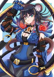 1girl absurdres animal_ear_fluff animal_ears arm_blade arm_up bakuma breasts claws cleavage closed_mouth covered_navel duel_monster furry furry_female green_eyes highres k9_-_#17_&quot;ripper&quot; k9_-_#17_izuna kamaitachi_ears large_breasts long_hair looking_at_viewer name_tag police police_uniform short_sleeves simple_background solo tail weapon yu-gi-oh!