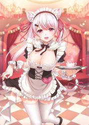 1girl :d alternate_costume animal_ear_fluff animal_ears apron black_dress black_shoes blurry blurry_background breasts cat_ears cat_girl cat_tail checkered_floor cleavage commentary_request cup depth_of_field dress enmaided frilled_apron frills glint hair_between_eyes hair_ornament hair_ribbon hairclip highres holding holding_tray kamome_yuu long_hair maid medium_breasts nijisanji open_mouth red_eyes red_ribbon ribbon saucer shiina_yuika shiina_yuika_(5th_costume) shoes smile solo standing standing_on_one_leg tail tail_ornament tail_ribbon thighhighs tray twintails very_long_hair virtual_youtuber white_apron white_hair white_thighhighs wrist_cuffs