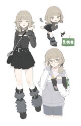 1girl absurdres aspara black_skirt breasts brown_eyes brown_hair chibi fang full_body glasses highres looking_at_viewer medium_hair open_mouth original simple_background skin_fang skirt smile solo white_background