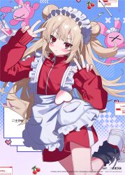 1girl absurdres apron black_socks blonde_hair blush closed_mouth double_bun double_w hair_bun highres jacket jersey_maid long_hair long_sleeves looking_at_viewer maid maid_headdress natori_sana natori_sana_(jersey) nllget pink_nails red_eyes red_shorts sana_channel shoes shorts socks solo track_jacket unconventional_maid virtual_youtuber w white_shoes