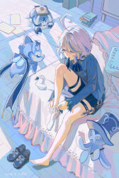 Rule 34 | 1girl, 3others, ahoge, bare legs, bed, blue jacket, blue shoes, closed eyes, closed mouth, dated, furina (genshin impact), genshin impact, gentilhomme usher, highres, jacket, long sleeves, mademoiselle crabaletta, multiple others, nekono0034, on bed, putting on footwear, shoes, short hair, single bare foot, sitting, socks, surintendante chevalmarin, watermark, white background, white socks