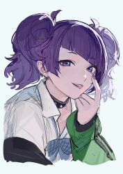 1girl akanbe black_choker blue_bow blue_bowtie blunt_bangs bow bowtie choker collared_shirt diagonal_bangs earrings eyelid_pull highres idolmaster idolmaster_shiny_colors jewelry lipstick looking_at_viewer loose_bowtie makeup medium_hair nail_polish purple_eyes purple_hair purple_lips purple_nails shirt simple_background sketch solo studded_choker tanaka_mamimi tongue tongue_out twintails upper_body white_shirt zhili_xingzou