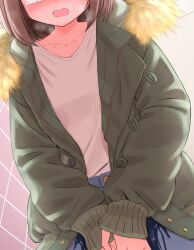1girl between_legs blue_pants blush breath brown_hair coat collarbone cropped dutch_angle embarrassed female_focus flat_chest fur-trimmed_coat fur_collar fur_trim green_coat hand_between_legs have_to_pee head_out_of_frame highres indoors leaning_forward long_sleeves nose_blush open_clothes open_coat open_mouth original own_hands_together pants pee peeing peeing_self shirt shirt_tucked_in short_hair sidelocks solo standing tears tile_wall tiles urabe_miyabi wet wet_clothes white_shirt