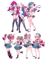 6+girls animal_ears ankle_socks aqua_eyes backpack bag bare_legs beckoning bell beret black_footwear black_necktie black_pantyhose black_socks blonde_hair bloomers blue_bow blue_dress blue_eyes blue_hair blue_hat blue_necktie blue_shirt blue_sleeves boots bow breasts brown_eyes buttons cardigan cat_ears cat_tail character_request cherry_blossoms clenched_hands collared_shirt commentary copyright_request double_bun double_v dress eyelashes fang flower full_body gradient_background hair_bow hair_bun hair_flower hair_ornament hair_ribbon hat high-waist_skirt high_heels highres kneehighs knees leaning_forward leg_up long_hair long_sleeves looking_to_the_side miniskirt multiple_girls neckerchief necktie one_eye_closed one_side_up open_cardigan open_clothes open_mouth orange_hair outstretched_arm outstretched_hand over-kneehighs panties pantyhose pink_bow pink_eyes pink_flower pink_hair pink_ribbon pleated_skirt pocket puffy_long_sleeves puffy_sleeves pumps red_bag red_eyes red_neckerchief red_panties ribbon school_uniform shirt short_dress skirt sleeveless sleeveless_dress smile socks standing striped_necktie symbol-only_commentary tail tail_bell tail_bow tail_ornament teeth thighhighs transparent_background twintails underwear upper_teeth_only v v-shaped_eyebrows very_long_hair vivinos wand white_bloomers white_cardigan white_hat white_shirt white_skirt white_sleeves white_socks x_hair_ornament