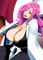 1girl black_kimono bleach breasts carrying_over_shoulder cleavage commentary_request haori highres hikifune_kirio huge_breasts japanese_clothes kimono long_hair long_sleeves looking_at_viewer mattari_yufi mature_female open_mouth pink_hair purple_eyes red_lips sash solo taichou_haori upper_body