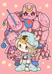 1boy 4others absurdres beanie blonde_hair blue_eyes blue_gloves blue_hat blue_hoodie blue_pants chibi chibi_only closed_eyes colored_skin commentary gloves hat heart_ornament highres hood hood_down hoodie horseshoe_hat_ornament horseshoe_ornament johnny_joestar jojo_no_kimyou_na_bouken kneeling m_a_a_m_8 male_focus medium_hair multiple_others non-humanoid_robot pants pink_background pink_skin robot short_sleeves sitting stand_(jojo) star_(symbol) star_print steel_ball_run tusk_(stand) tusk_act1 tusk_act2 tusk_act3 tusk_act4 two-tone_sleeves wariza wristband