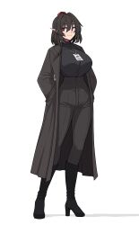 1girl absurdres alternate_costume black_boots black_hair boots breasts brown_coat brown_pants coat formicid full_body hat high_heel_boots high_heels highres id_card lanyard looking_to_the_side pants pointy_ears red_eyes red_hat shameimaru_aya short_hair sideways_glance simple_background smile solo tokin_hat touhou white_background