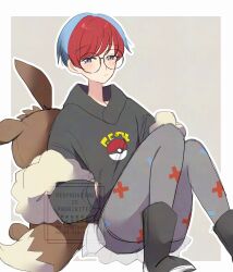 Rule 34 | 1girl, backpack, bag, black hoodie, blue hair, blush, brown bag, closed mouth, eevee backpack, glasses, grey eyes, highres, hood, hoodie, long sleeves, multicolored hair, nintendo, ohn pkmn, pantyhose, penny (pokemon), pokemon, pokemon sv, print pantyhose, red hair, round eyewear, school uniform, shirt, short hair, team star, two-tone hair