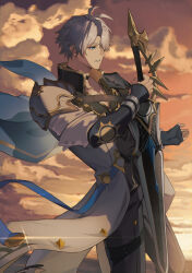 Rule 34 | 1boy, absurdres, antenna hair, armor, black choker, black gloves, black pants, black shirt, blue cape, blue eyes, cape, choker, coat, commentary request, fingerless gloves, floating cape, gloves, highres, holding, holding sword, holding weapon, honkai: star rail, honkai (series), kinotake, looking to the side, male focus, orange sky, pants, parted bangs, pauldrons, phainon (honkai: star rail), shirt, short hair, shoulder armor, single glove, single pauldron, sky, solo, sword, weapon, white coat, white hair