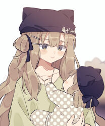 2girls animal_ear_headwear animal_ears baby beanie black_hat blush_stickers brown_hair carrying carrying_baby carrying_person cat_ears closed_mouth commentary_request fake_animal_ears green_shirt grey_eyes hat highres kipfel_(vrchat) long_hair long_sleeves mother_and_daughter multiple_girls notamaru_2 one_side_up polka_dot polka_dot_shirt shirt simple_background smile upper_body vrchat white_background