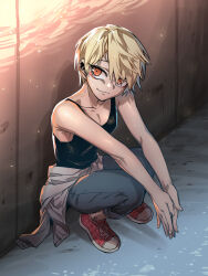 1boy androgynous bishounen black_tank_top blonde_hair clothes_around_waist denim eyeliner full_body high_school_boy highres hong_iltak jeans looking_at_viewer makeup male_focus male_with_breasts pants parkgee red_eyeliner red_eyes red_shoes sanpaku shirt shirt_around_waist shoes short_hair smile sneakers solo squatting tank_top