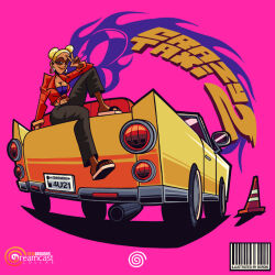 1girl artist_name blonde_hair bordis breasts cinnamon_(crazy_taxi) cleavage crazy_taxi crazy_taxi_2 dark-skinned_female dark_skin double_bun earrings hair_bun hoop_earrings jewelry large_breasts midriff navel sandals sega shiny_skin smile taxi toes traffic_cone v vehicle_focus