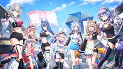 6+girls ;d alternate_costume animal_ears antlers aqua_eyes asymmetrical_clothes bear_ears bear_girl belt blue_hair breasts brown_hair car checkered_clothes claws cleavage closed_mouth commentary_request company_name copyright_name copyright_notice cropped_jacket day deer_antlers deer_ears deer_girl detached_sleeves dragon_girl dragon_horns dragon_tail elbow_gloves feet_out_of_frame fingerless_gloves flag fox_ears fox_girl fox_tail fujikura_uruka gloves goggles goggles_on_head grey_hair hair_ornament hakushika_iori half-skirt holding holding_flag holding_umbrella horns leg_warmers long_hair long_sleeves looking_at_viewer midriff miniskirt motor_vehicle multiple_girls navel official_art one_eye_closed open_mouth orange_eyes outdoors phase_connect phase_origins pink_eyes pink_hair pipkin_pippa pleated_skirt rabbit_ears rabbit_girl race_queen race_vehicle rinkou_ashelia shinishi_chiho shisui_michiru_(phase_connect) shoes short_shorts short_sleeves shorts single_pantsleg skirt sky smile standing tail tenma_maemi thighhighs umbrella utatane_nasa virtual_youtuber visor_cap w waving white_hair