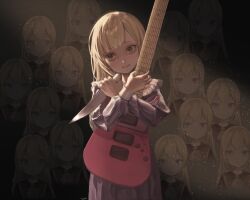 6+girls 7-string_guitar ascot bang_dream! bang_dream!_it&#039;s_mygo!!!!! blonde_hair blue_dress brown_eyes clone closed_mouth commentary dress highres holding holding_knife knife light_particles long_hair long_sleeves mortis_(bang_dream!) mortis_(costume)_(bang_dream!) multiple_girls neko_tenko revision signature symbol-only_commentary wakaba_mutsumi white_ascot