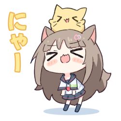 &gt;_&lt; 1girl :3 ai-chan_(misskey.io) animal_ears black_sailor_collar black_skirt black_socks blush_stickers brown_hair cat cat_ears cat_girl chibi hair_ornament heart heart_hair_ornament long_hair misskey.io official_art open_mouth sailor_collar sailor_shirt school_uniform serafuku shirt simple_background skirt socks umihio very_long_hair white_background white_shirt