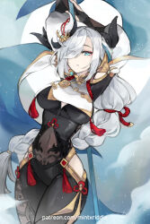 Rule 34 | aqua eyes, arms up, black bodysuit, bodysuit, braid, breast curtain, breasts, breasts apart, chinese knot, clothing cutout, cloud, cowboy shot, detached sleeves, eyeliner, genshin impact, glitter, gloves, hair over one eye, holding, holding polearm, holding weapon, long hair, looking at viewer, low-braided long hair, low-tied long hair, makeup, mintxriddle, partially fingerless gloves, patreon username, polearm, red eyeliner, see-through clothes, see-through midriff, shenhe (genshin impact), single braid, standing, tassel, thigh cutout, weapon