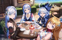4girls absurdres ahoge artist_name ascot asymmetrical_gloves ayaka_(genshin_impact) black_bow black_bowtie black_gloves black_sleeves blonde_hair blue_ascot blue_eyes blue_gemstone blue_hair blue_nails blue_pupils bluesky_logo blunt_tresses bow bowtie breasts butterfly_hair_ornament cake cake_slice cleavage closed_mouth commentary cup day detached_sleeves donut drop-shaped_pupils english_commentary escoffier_(genshin_impact) fingernails food fruit furina_(genshin_impact) gem genshin_impact gloves grey_hair hair_between_eyes hair_ornament hair_over_one_eye heart heart_in_eye highres holding holding_cup holding_saucer instagram_logo kamisato_ayaka kamisato_ayaka_(springbloom_missive) long_hair long_sleeves looking_at_viewer medium_breasts medium_hair mismatched_gloves multicolored_hair multiple_girls nail_polish official_alternate_costume open_mouth outdoors parfait parted_lips pixiv_logo revision ryo-suzuki saucer shenhe_(frostflower_dew)_(genshin_impact) shenhe_(genshin_impact) smile spoon strawberry streaked_hair symbol-shaped_pupils symbol_in_eye teacup twitter_logo very_long_hair white_gloves white_hair