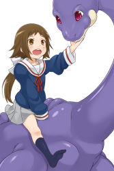 1girl bad_id bad_pixiv_id blush brown_eyes brown_hair dinosaur loch_ness_monster long_hair long_sleeves mikakunin_de_shinkoukei mitsumine_mashiro mo-fu mokele-mbembe monster open_mouth pink_eyes ponytail riding riding_dinosaur school_uniform short_hair_with_long_locks simple_background skirt sleeves_past_wrists smile socks white_background