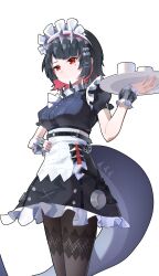1girl a_maple absurdres black_dress black_hair black_pantyhose colored_inner_hair dress ellen_joe fins fish_tail frilled_wristband hairband highres holding holding_plate maid maid_headdress metal_hairband mole mole_under_eye multicolored_hair pantyhose plate razor_blade_hair_ornament red_eyes shark_girl shark_tail short_hair spiked_headband tail white_background zenless_zone_zero