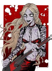 Rule 34 | 1girl, alternate costume, alternate universe, baldur&#039;s gate, baldur&#039;s gate 3, black lips, blank eyes, blonde hair, bra, choker, contemporary, crutch c, dungeons & dragons, dungeons &amp; dragons, highres, instrument, long hair, music, orin the red, playing guitar, playing instrument, revealing clothes, solo, underwear