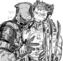 2boys bara blood blood_on_face bodysuit claws closed_mouth deadpool deadpool_&amp;_wolverine deadpool_(series) dishing facial_hair gloves greyscale male_focus marvel mature_male monochrome multiple_boys muscular muscular_male pectoral_grab short_hair superhero_costume translation_request two-tone_bodysuit wolverine_(x-men) x-men yaoi