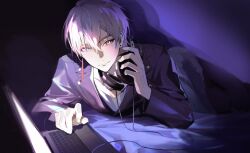 1boy ameinu cable computer computer_keyboard hair_between_eyes headphones headphones_around_neck highres jacket laptop long_sleeves looking_at_viewer lying male_focus monitor on_stomach original shirt short_hair smile solo virtual_youtuber white_hair yellow_eyes