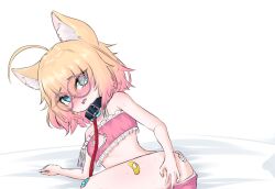 1girl ahoge animal_ear_fluff animal_ears bandaid bandaid_on_leg bare_shoulders black_collar blonde_hair blue_eyes blush cat_cutout cat_ears cat_girl clothing_cutout collar crop_top frills glasses gradient_hair indie_virtual_youtuber leash looking_at_viewer lying minikomew multicolored_hair on_side open_mouth panties pink_hair pink_panties ritspi solo sweat underwear white_background