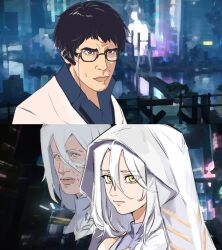 1girl 2boys bare_shoulders black-framed_eyewear black_hair blue_eyes blue_shirt coat collared_shirt eos_(neural_cloud) eyewear_strap facial_hair fangz_onf girls&#039;_frontline girls&#039;_frontline_neural_cloud glasses goatee_stubble hair_between_eyes hashtag-only_commentary headset highres hood hood_up hooded_robe lord_eosphoros_(neural_cloud) male_professor_(neural_cloud) meme multiple_boys professor_(neural_cloud) projected_inset robe shirt sketch_background stubble white_coat white_hair white_robe white_shirt wing_collar yellow_eyes zoolander zoolander_stare_(meme)