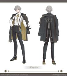 0jae 1boy back black_gloves black_jacket black_pants black_shoes border bracelet caelus_(honkai:_star_rail) character_name closed_mouth collared_shirt commentary_request english_text full_body gloves gold_bracelet grey_border grey_hair hair_between_eyes hand_on_own_hip hand_up highres honkai:_star_rail honkai_(series) jacket jewelry korean_commentary lapels long_sleeves looking_at_viewer multiple_views neck_ribbon open_clothes open_jacket pants puffy_long_sleeves puffy_sleeves ribbon shirt shoes short_hair simple_background smile standing suspenders tassel trailblazer_(honkai:_star_rail) twitter_username two-sided_fabric two-sided_jacket white_background white_shirt yellow_eyes yellow_jacket yellow_ribbon