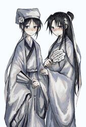 2boys absurdres black_eyes black_hair blush chinese_clothes chinese_commentary closed_mouth cocito dao_gui_yi_xian dual_persona flower folding_fan hair_bun hair_flower hair_ornament hand_fan hand_fan_writing hanfu hat hat_ribbon highres holding holding_fan long_hair long_sleeves looking_at_viewer male_focus multiple_boys official_alternate_hairstyle paper_fan parted_bangs ribbon robe sidelocks simple_background single_hair_bun smile standing tassel updo very_long_hair white_background white_flower white_hanfu white_hat white_ribbon white_robe wide_sleeves yaopei yuanlingpao zhijupao zhuge_yuan