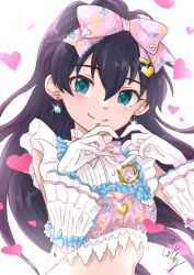 1girl absurdres black_hair blue_eyes blush bow bowtie breasts cleavage_cutout closed_mouth clothing_cutout commentary_request crop_top detached_sleeves frilled_shirt frilled_sleeves frills ganaha_hibiki gloves hair_bow heart heart_hands high_ponytail highres idolmaster idolmaster_(classic) idolmaster_starlit_season long_hair looking_at_viewer midriff pink_bow pink_bowtie ponytail print_bow print_bowtie shirt sleeveless sleeveless_shirt smile solo sweet_dolls_(idolmaster) toshiki74_p upper_body white_background white_gloves