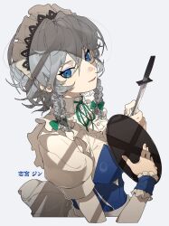 1girl absurdres back_bow blue_dress blue_eyes bow braid breasts buttons collared_shirt dagger dress fingernails firran0830 from_side green_bow green_ribbon grey_hair hair_between_eyes hair_bow hands_up highres holding holding_dagger holding_knife holding_tray holding_weapon izayoi_sakuya knife looking_at_viewer maid maid_headdress medium_breasts neck_ribbon pinafore_dress puffy_short_sleeves puffy_sleeves ribbon shirt short_hair short_sleeves simple_background sleeveless sleeveless_dress smile solo teeth touhou tray twin_braids upper_body weapon white_background white_bow white_shirt wrist_cuffs