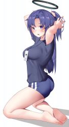 Rule 34 | 1girl, absurdres, adjusting hair, arms behind head, ass, bare legs, barefoot, black halo, black shirt, blue archive, blue buruma, blush, breasts, buruma, commentary, feet, from behind, full body, gym uniform, hair tie, half updo, halo, highres, holding, holding hair tie, id card, kneeling, knees apart feet together, large breasts, looking at viewer, mechanical halo, millennium science school logo, nyayuu96, official alternate costume, official alternate hairstyle, open mouth, parted bangs, ponytail, purple eyes, purple hair, red pupils, shadow, shirt, short ponytail, short sleeves, simple background, soles, solo, star sticker, sticker on face, thighs, toes, white background, yuuka (blue archive), yuuka (track) (blue archive)