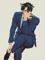 Rule 34 | 1boy, absurdres, alternate costume, black hair, black shoes, blue pants, blue suit, brown hair, collared shirt, formal clothes, full body, genshin impact, grey eyes, hand up, highres, long sleeves, looking at viewer, male focus, multicolored hair, pants, shiraki 1110, shirt, shoes, short hair, simple background, sitting, solo, suit, two-tone hair, white hair, white shirt, wriothesley (genshin impact)