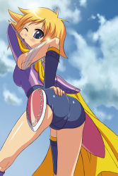 Rule 34 | 1girl, armor, ass, bad id, bad pixiv id, blonde hair, blue eyes, cape, cloud, faye, female focus, final fantasy, final fantasy mystic quest, kt, leotard, looking back, looking down, short hair, shoulder pads, sky, solo, wink