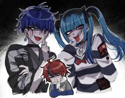 1girl 2boys :d ahoge amemiya_darumi black_choker blue_eyes blue_hair blush choker clenched_teeth closed_eyes cropped_torso earrings eyepatch fangs gloom_(expression) grey_jacket half-closed_eyes heart_attack highres hood hoodie jacket japanese_clothes jewelry kanazuki long_hair multiple_boys omokage_yugamu open_mouth pink_eyes red_choker red_hair short_hair smile striped_clothes sumino_takumi sweat teeth the_hundred_line_-last_defense_academy- tongue tongue_out two-tone_background two_side_up white_hoodie