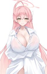 1girl absurdres ahoge arm_under_breasts bikini bikini_under_clothes blue_archive blush bow braid breasts cleavage closed_mouth collarbone collared_shirt commentary crimecrime gradient_hair green_eyes groin hair_bow halo hanako_(blue_archive) hanako_(swimsuit)_(blue_archive) highres huge_breasts long_hair long_sleeves looking_at_viewer multicolored_hair narrowed_eyes no_panties pink_hair pink_halo pink_lips raised_eyebrows shirt simple_background sleeves_past_fingers sleeves_past_wrists smile solo sweatdrop swimsuit thighs white_background white_bow white_shirt