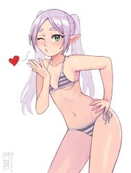 1girl absurdres bare_shoulders bikini blowing_kiss blush breasts elf frieren green_eyes grey_bikini grey_hair heart highres kiss long_hair looking_at_viewer multicolored_bikini navel one_eye_closed pointy_ears simple_background solo sousou_no_frieren stomach striped_bikini striped_clothes swimsuit twintails two-tone_bikini watcher_hollow white_bikini white_hair