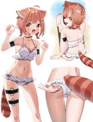 1girl :d ahoge animal_ear_fluff ass bikini bikini_bottom_only braid breasts brown_eyes claw_pose ear_piercing fang fingernails frilled_bikini frills from_behind hair_ornament head_out_of_frame highres k_mugura looking_back medium_breasts multiple_views nail_polish navel nijisanji open_mouth orange_hair orange_nails piercing ratna_petit red_nails red_panda_ears red_panda_girl red_panda_tail simple_background sitting skin_fang smile standing swimsuit tail thigh_gap thigh_strap toenail_polish toenails v-shaped_eyebrows virtual_youtuber white_background x_hair_ornament