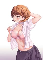 1girl arm_behind_head arm_up black_skirt blush bra breasts brown_eyes brown_hair choker cleavage collarbone commentary cowboy_shot earrings flipped_hair gekkoukan_high_school_uniform gradient_background heart heart_choker highres jewelry lace lace_bra medium_breasts navel open_clothes open_shirt parted_lips persona persona_3 pink_bra school_uniform shirt short_hair short_sleeves skirt solo stomach stud_earrings summer_uniform takeba_yukari three_quarter_view underwear undressing white_background white_choker white_shirt yura_s_arts