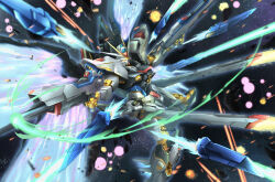 asteroid battle beam_rifle commentary dual_wielding energy_gun energy_wings explosion funnels_(gundam) glowing glowing_eyes gun gundam gundam_seed gundam_seed_destiny highres holding holding_gun holding_weapon mecha mecha_focus mobile_suit motion_blur no_humans outstretched_arms robot science_fiction solo space spread_arms star_(sky) strike_freedom_gundam troy_(oxaa01ex) v-fin weapon yellow_eyes