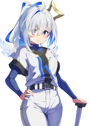 1girl absurdres amane_kanata baseball_uniform blue_hair blue_undershirt blush closed_mouth colored_inner_hair commentary_request cowboy_shot grey_hair hair_over_one_eye halo hand_on_own_hip highres hololive kisara_mikami long_hair looking_at_viewer mini_wings multicolored_hair pants pink_hair ponytail purple_eyes short_sleeves simple_background solo sportswear star_halo streaked_hair virtual_youtuber white_background white_pants wings yellow_halo
