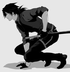 Rule 34 | 1boy, black gloves, black hair, black necktie, black pants, black vest, collared shirt, full body, gloves, greyscale, hair between eyes, holding, holding sword, holding weapon, katana, kimetsu no yaiba, long hair, low ponytail, male focus, monochrome, necktie, pants, parted lips, ponytail, shirt, sinba (ying-hua), sleeves rolled up, solo, squatting, sword, tomioka giyuu, vest, waistcoat, weapon