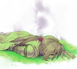 1boy armor blonde_hair cape clenched_teeth colored_smoke commentary_request crying crying_with_eyes_open dragon_quest dragon_quest_xi dying gold_trim homeros_(dq11) kamei_(yokoshima-ko) knight low_ponytail lying male_focus on_grass on_stomach ponytail scene_reference smoke solo spoilers tears teeth white_armor white_cape
